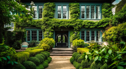 Home with Garden and Ivy Plant - Serene Landscape Aesthetics - obrazy, fototapety, plakaty