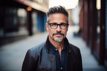 Portrait of a handsome mature man wearing glasses and a leather jacket. - obrazy, fototapety, plakaty
