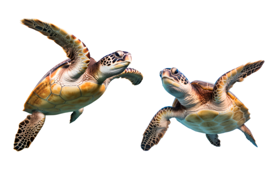 two swimming sea turtles on isolated background