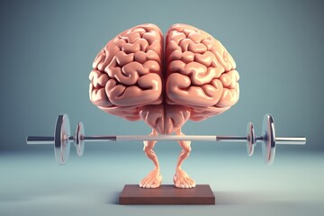 Human brain lifting weights. 3D brain lifting a heavy dumbbell. Mind training, memory health, Alzheimer's prevention, brain training, education, study, Generative AI