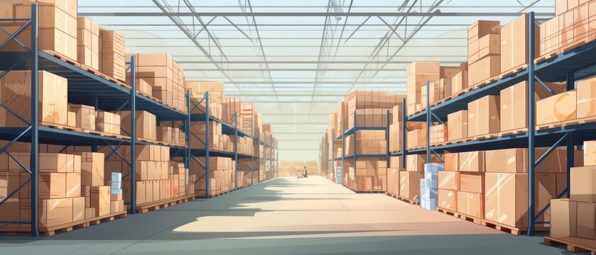 A large warehouse with numerous items. Rows of shelves with boxes. Logistics. Inventory control, order fulfillment or space optimization. Illustration for advertising, marketing or presentation