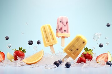 Levitating ice cream popsicles with fruit and berries on pastel background, free copyspace for text. Flying ice cream, summer dessert, frozen fruit juice. Generative AI