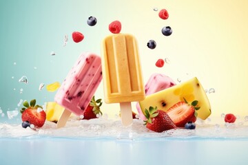 Levitating ice cream popsicles with fruit and berries on pastel background, free copyspace for text. Flying ice cream, summer dessert, frozen fruit juice. Generative AI