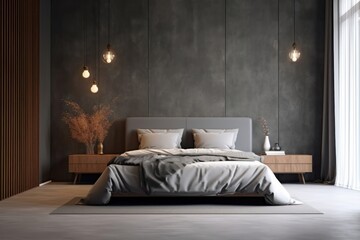 Modern bedroom minimalist interior in shades of grey. Gorgeous, stunning grey bedroom. Scandinavian dark style. Aesthetic simple interior design concept, luxury furnishing. Generative AI