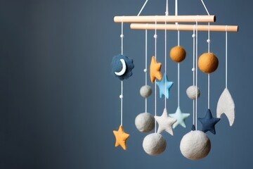 Baby crib mobile with stars, planets and moon. Kids handmade toys above the newborn crib. First baby eco-friendly toys made from felt and wood. Generative AI