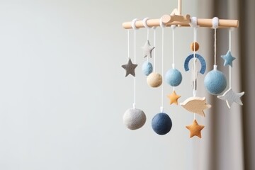 Baby crib mobile with stars, planets and moon. Kids handmade toys above the newborn crib. First baby eco-friendly toys made from felt and wood. Generative AI - obrazy, fototapety, plakaty