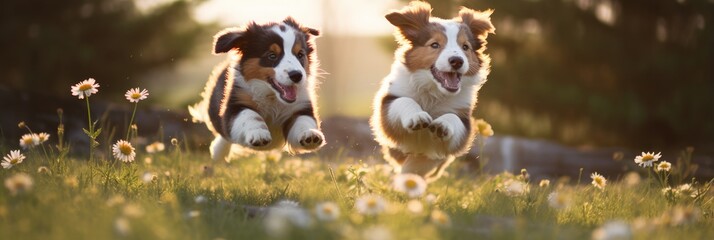 Two Puppies Jumping In The Air In A Field Two Puppies Jumping In The Air, Puppies In A Field, , Playing In Nature, , Animal Joy Happiness, Dog Breeds Care, , Obedience Training