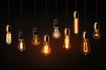 Decorative antique Edison style light bulbs, different shapes of retro lamps on dark background. Cafe or restaurant decoration details. Generative AI