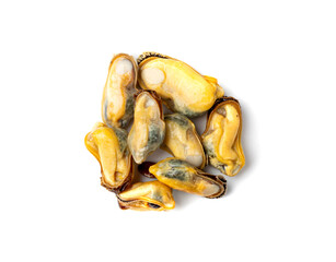 Mussels Pile Isolated, Unshelled Clams, Peeled Mussels, Open Shellfish, Seafood on White Background