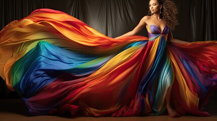 Model posing with multi-colored silk fabrics intertwined, emphasizing vibrancy and fluidity.