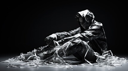 Model partially covered with plastic, creating an abstract composition against a monochrome backdrop.