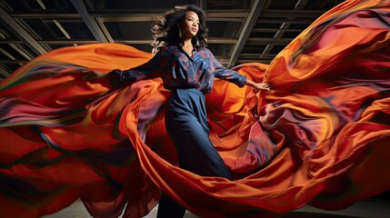 Model showcasing a dynamic pose, with silk cloth billowing around, captured in a high-ceiling studio.