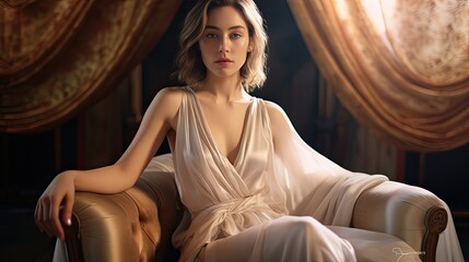 Model seated with silk fabric cascading from her shoulders, emphasizing elegance, set against a vintage setting.
