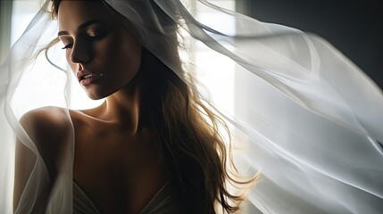 Model shrouded in a veil of delicate silk, capturing translucency against a window backdrop.