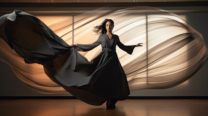 Fototapeta na wymiar Model showcasing a dynamic pose, with silk cloth billowing around, captured in a high-ceiling studio.