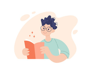 Man reading concept. Young positive man sitting with a book, education or learning, flat cartoon vector illustration.