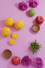 Fruits composition, oranges, pomegranate, apple, lemon on pink, 3d render