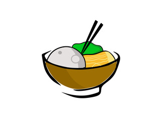 hot meatball soup in brown traditional bowl and chopstick on white background. vector illustration
