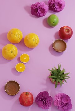Fruits composition, oranges, pomegranate, apple, lemon on pink, 3d render