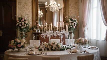 Fototapeta na wymiar Boho chic style wedding decor in a vintage classical castle 