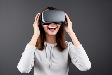 Smiling positive woman wearing virtual reality goggles headset, vr box. Connection, technology, new generation, progress concept. Girl trying to touch, Generative AI