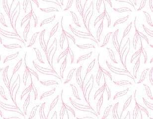 Fototapeta na wymiar Seamless vector pattern of leaves, line flowers on a transparent background, delicate botanical leaves, vector.