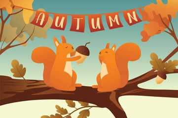 Squirrels on a tree autumn background in a cartoon style. A couple of cute squirrels stock up on autumn fruits for food and collect various nuts and acorns. Vector illustration.