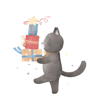 Cute cat carries gifts. Gray kitty and gift boxes. Vintage style. Watercolor illustration.