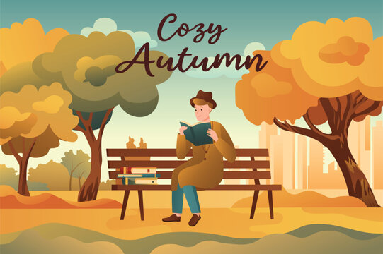 Cozy autumn background in a cartoon style. A respectable man looks at various documents in the park to enjoy the beautiful autumn weather. Vector illustration.