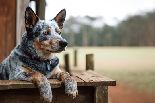 Portrait of guarding australian cattle dog or blue heeler at farm