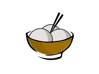 hot meatball soup in brown traditional bowl and chopstick on white background. vector illustration
