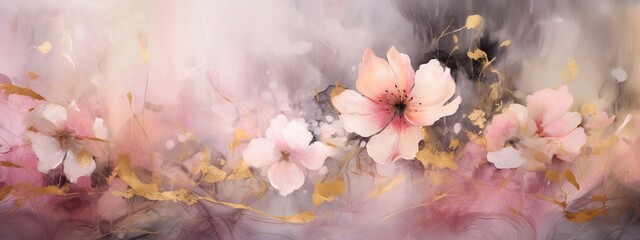 Abstract painted oil acrylic painting of white pink cherry flowers with gold details background...