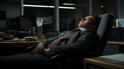 Exhaustion at the Desk: Office Worker's Slumber After a Grueling Day of Toil.