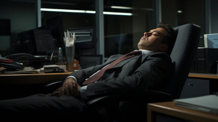 Fototapeta premium Exhaustion at the Desk: Office Worker's Slumber After a Grueling Day of Toil.