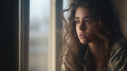 Contemplative Moments: A Young Woman's Sadness by the Window at Home.