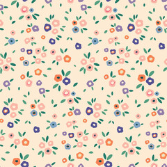 Seamless floral pattern, liberty ditsy print with pretty gentle meadow. Cute botanical design with simple small plants: tiny hand drawn flowers, mini leaves on a light background. Vector illustration.