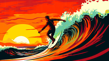 Man surfing on a wave in the ocean during sunset. Colorful art design with bold outlines and vivid colors. Logo or background design element.