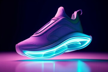 Futuristic fashion original sneakers. Future design of stylish sport shoes with neon glow, futuristic urban aesthetics. Sportswear, style and fashion, Generative AI