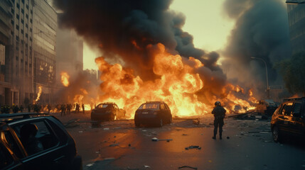 Daytime City Protests: Special Forces Quelling Riots, Buildings and Cars Ablaze in Revolutionary Unrest. - obrazy, fototapety, plakaty