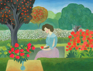 woman in garden. oil painting. illustration