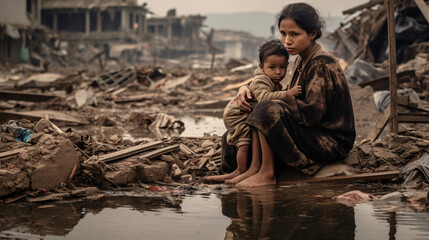  A mother and child sitting on the ruins of their house after flood caused by heavy rains in North Africa.  - obrazy, fototapety, plakaty