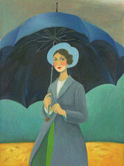 woman and umbrella. oil painting. illustration