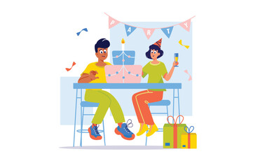Celebration concept with people scene in the flat cartoon design. Friends threw a celebratory party with a huge birthday cake. Vector illustration.