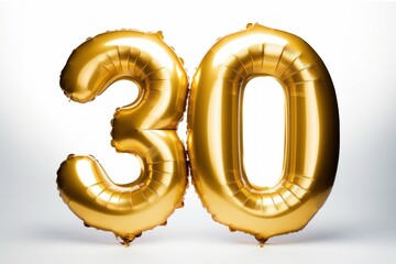 Number 30 thirty made of golden inflatable balloons isolated on white. Helium balloons, gold foil numbers. Party decoration, anniversary sign for holidays, celebration, birthday, Generative AI