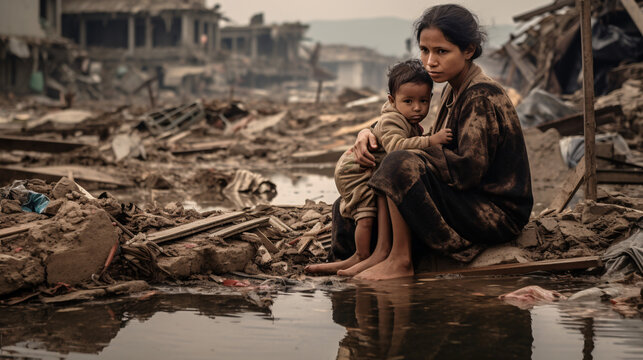  A mother and child sitting on the ruins of their house after flood caused by heavy rains in North Africa. 