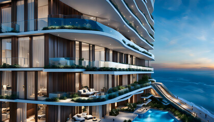 Exterior view of a high-rise luxury tower apartment near the sea.