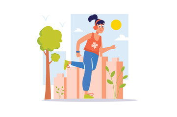 Workout concept with people scene in the flat cartoon design. The girl does sports on the street to keep her body in good shape. Vector illustration.