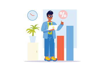 Business concept with people scene in the flat cartoon style. A young businessman analyzes the profits of his business in order to draw conclusions and improve work. Vector illustration.