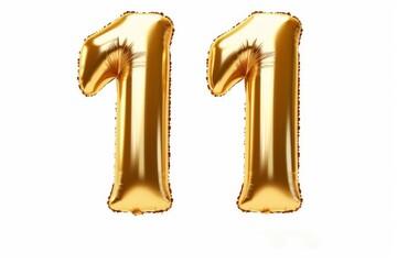 Number 11 eleven made of golden inflatable balloons isolated on white. Helium balloons, gold foil numbers. Party decoration, anniversary sign for holidays, celebration, birthday, Generative AI
