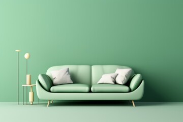 Soft green sofa on green background, 3D illustration. Modern minimalistic living room interior detail. Cosiness, social media and sale concept, creative advertisement, Generative AI